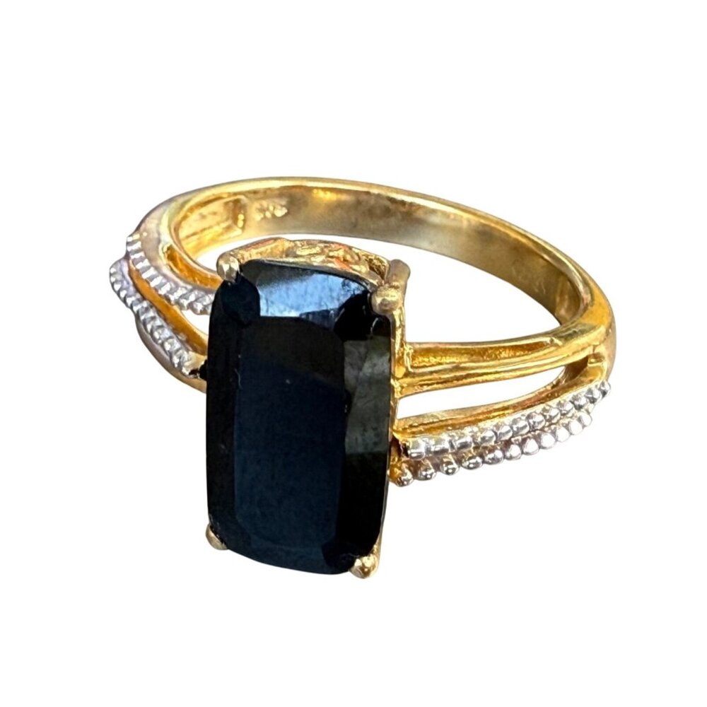 Rectangular Black Stone Gold Plated Sterling Silver Size 10